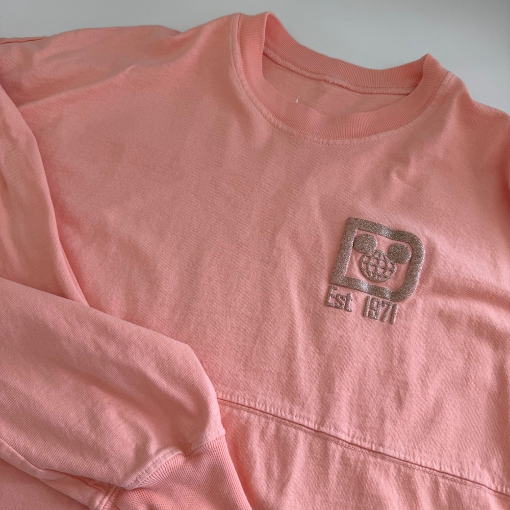 Walt Disney World Spirit Jersey Coral Pink Rose Gold Glitter Est 1971 Medium